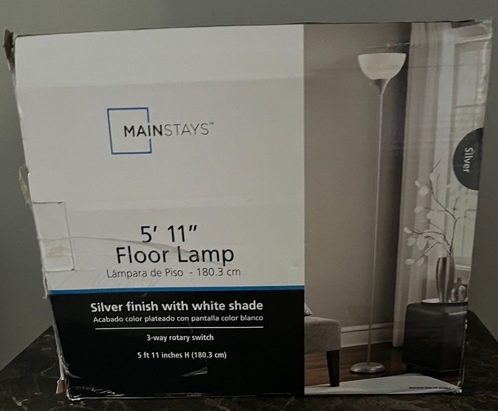 5ft 11 silver floor lamp with white fabric shade