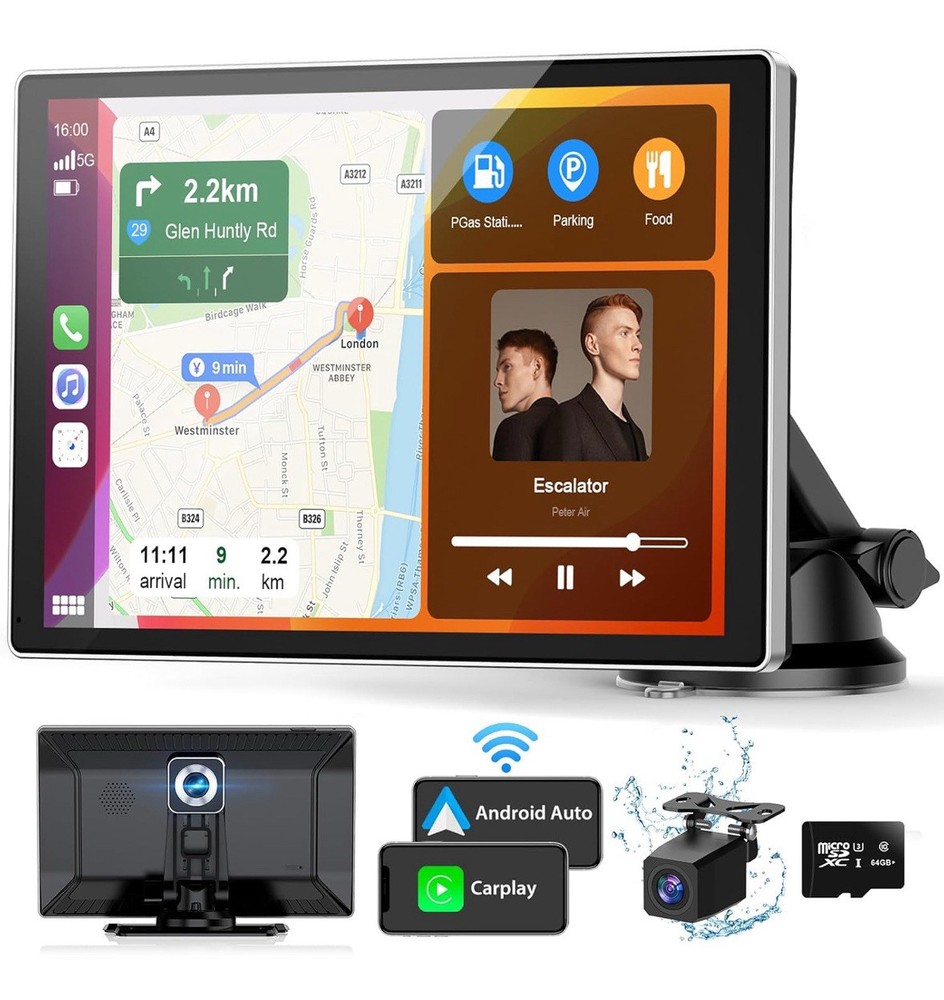New-Wireless Carplay 9'' Screen Portable Car Stereo with 4K Dash Cam/rear Camera