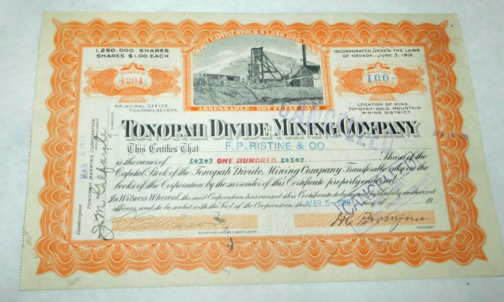 1919 Tonopah Divide Mining Company Stock Certificate Nevada Silver Mine
