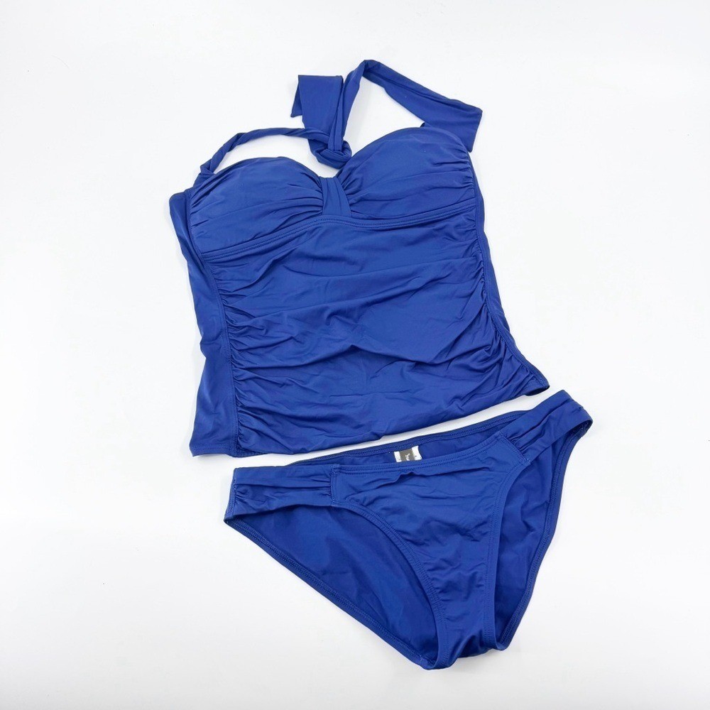 ✅ Tommy Bahama Halter Tankini Swim SUIT BLUE Side Ruched Swimwear TOP-S BOTTOM M