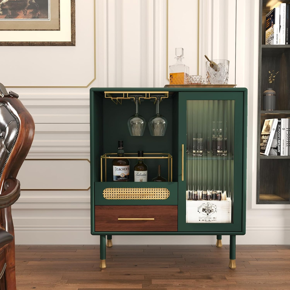 ARTPOWER Modern Coffee Bar Cabinet with Wine Glass Rack and Drawers, Green Liquo