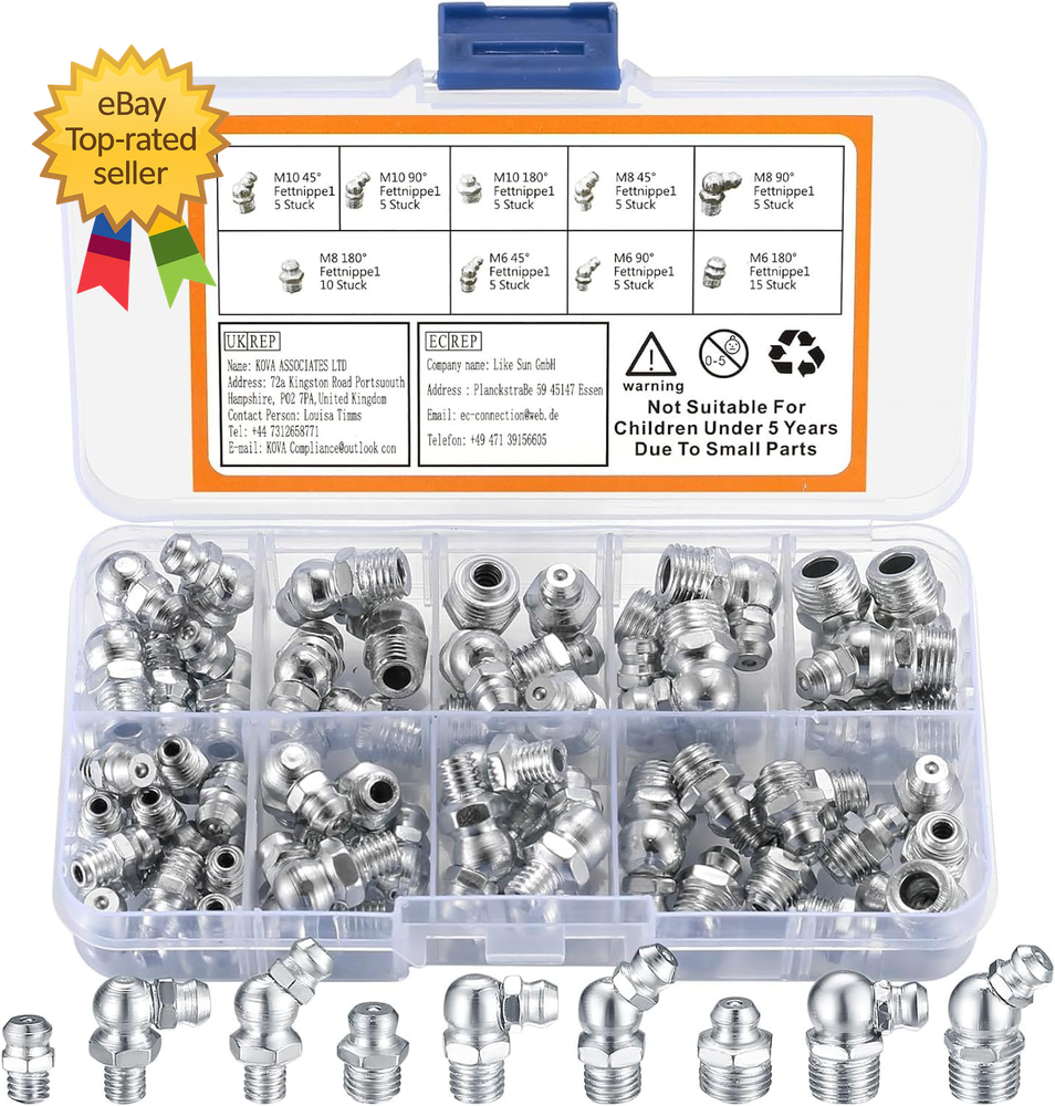 60 Pcs Metric Grease Fittings KitHydraulic Grease Zerk Assortment Kit 45 90
