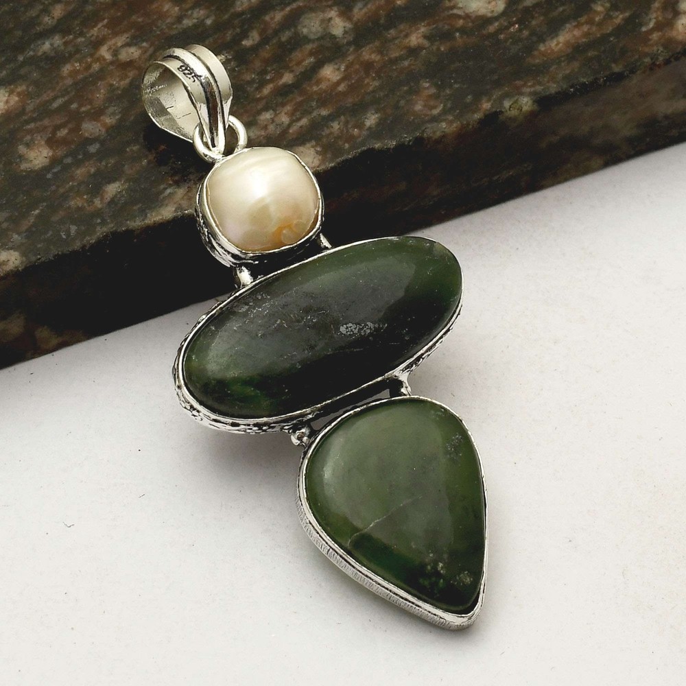 Nephrite Jade Pearl Pendant Ethnic Jewelry Gift for Women 2.8in AP-35818