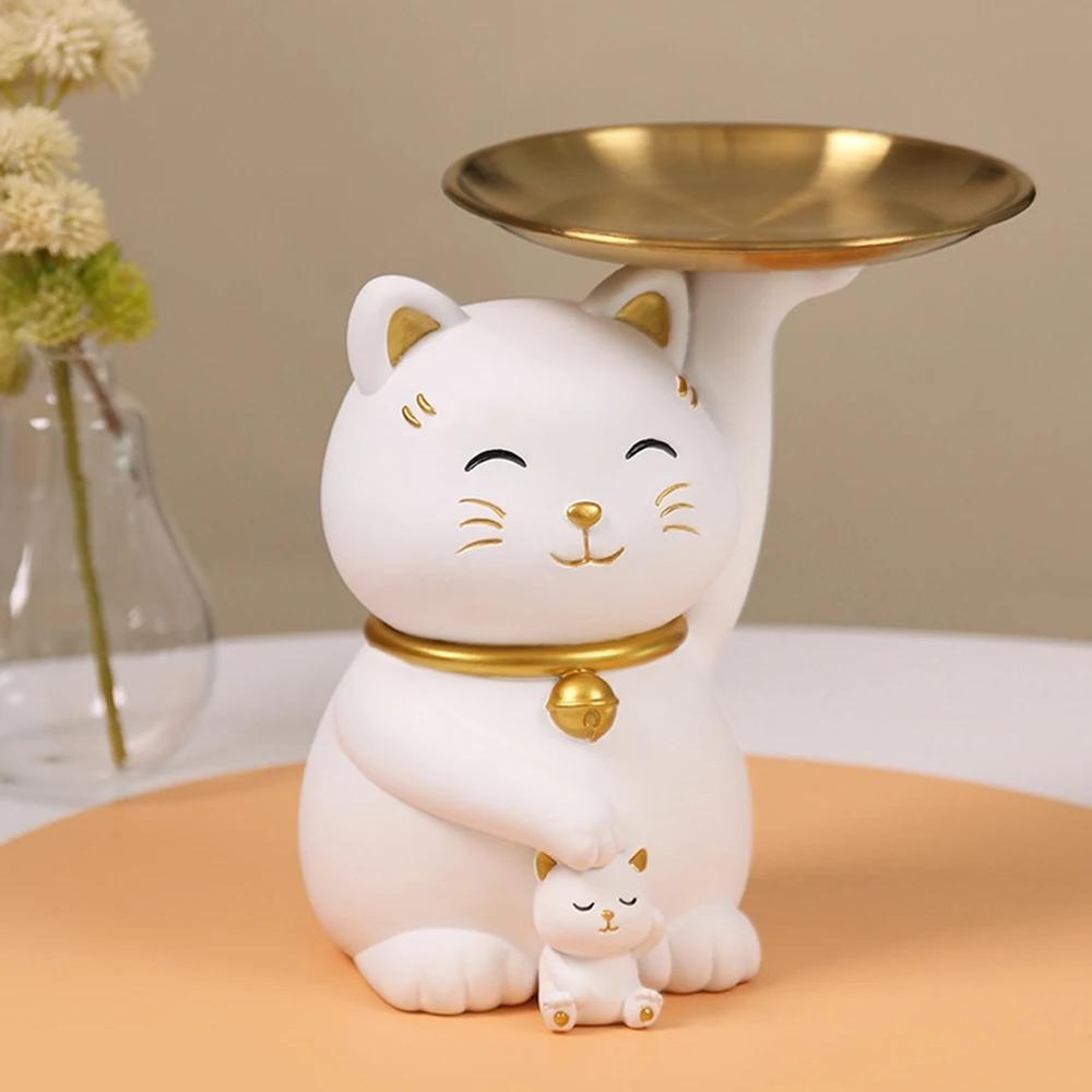 Figurine Animal Cat with Tray Resin White Small Carved Modern Free Stand Decor