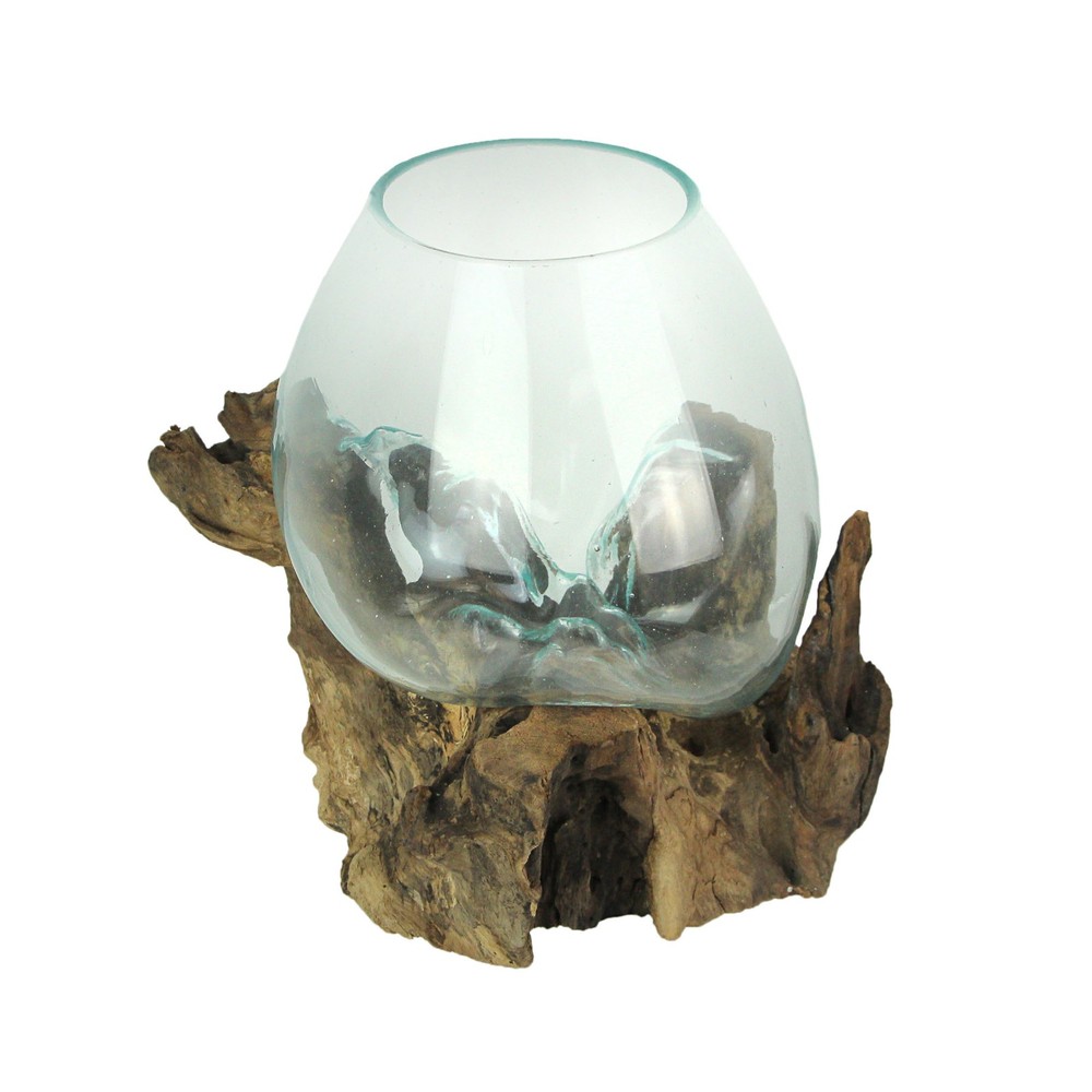 Molten Glass Sculpture Bowl Terrarium on Driftwood Base