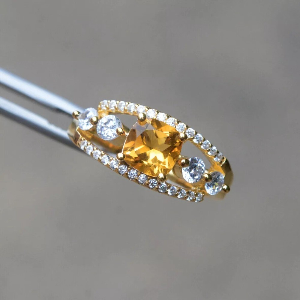Citrine & Moissanite Diamond Ring For Her- 925 Sterling Silver- 14K Gold Plated.