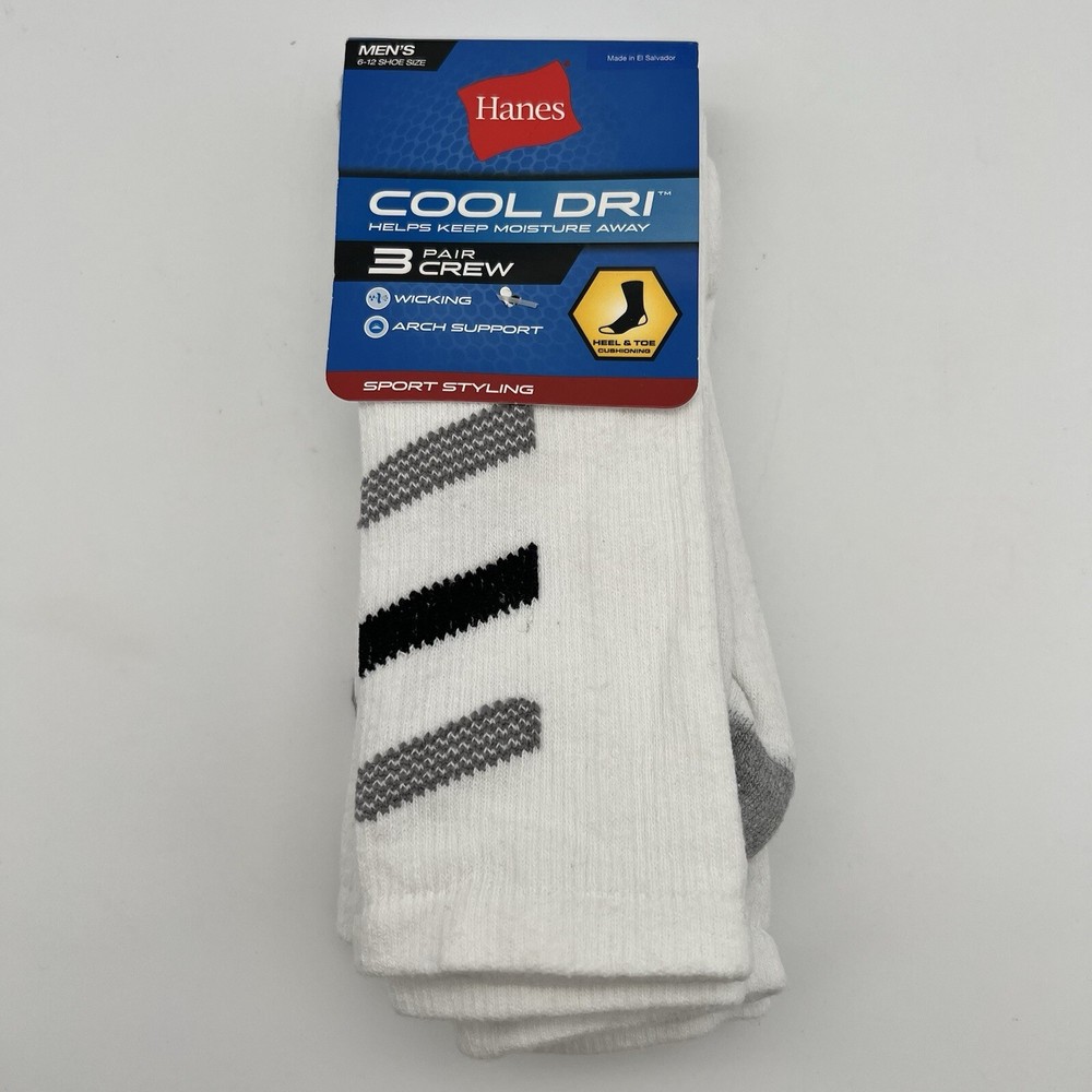 Hanes COOL DRI Crew Socks 3-Pack Moisture-Wicking Arch Support Men’s 6-12 White