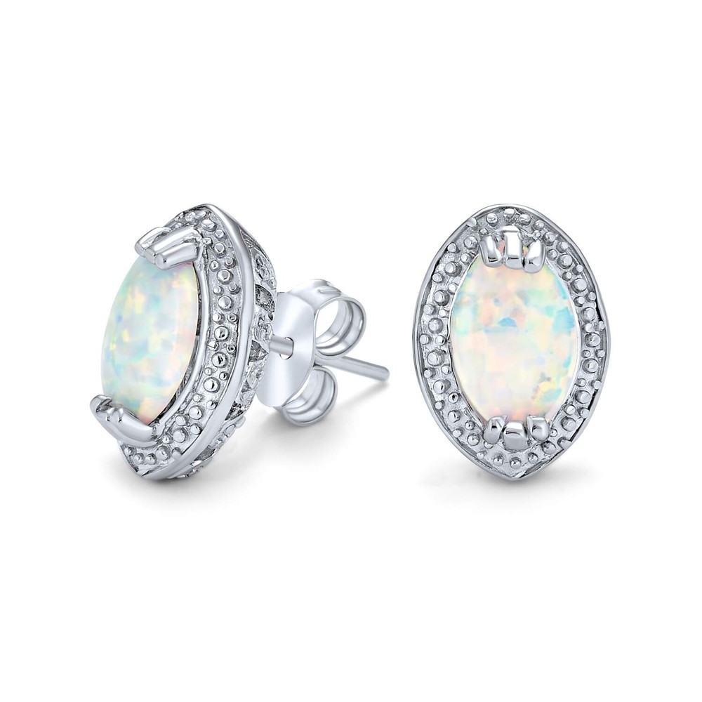Traditional Victorian Style White Teardrop Oval Created Opal Stud Earrings Fo...