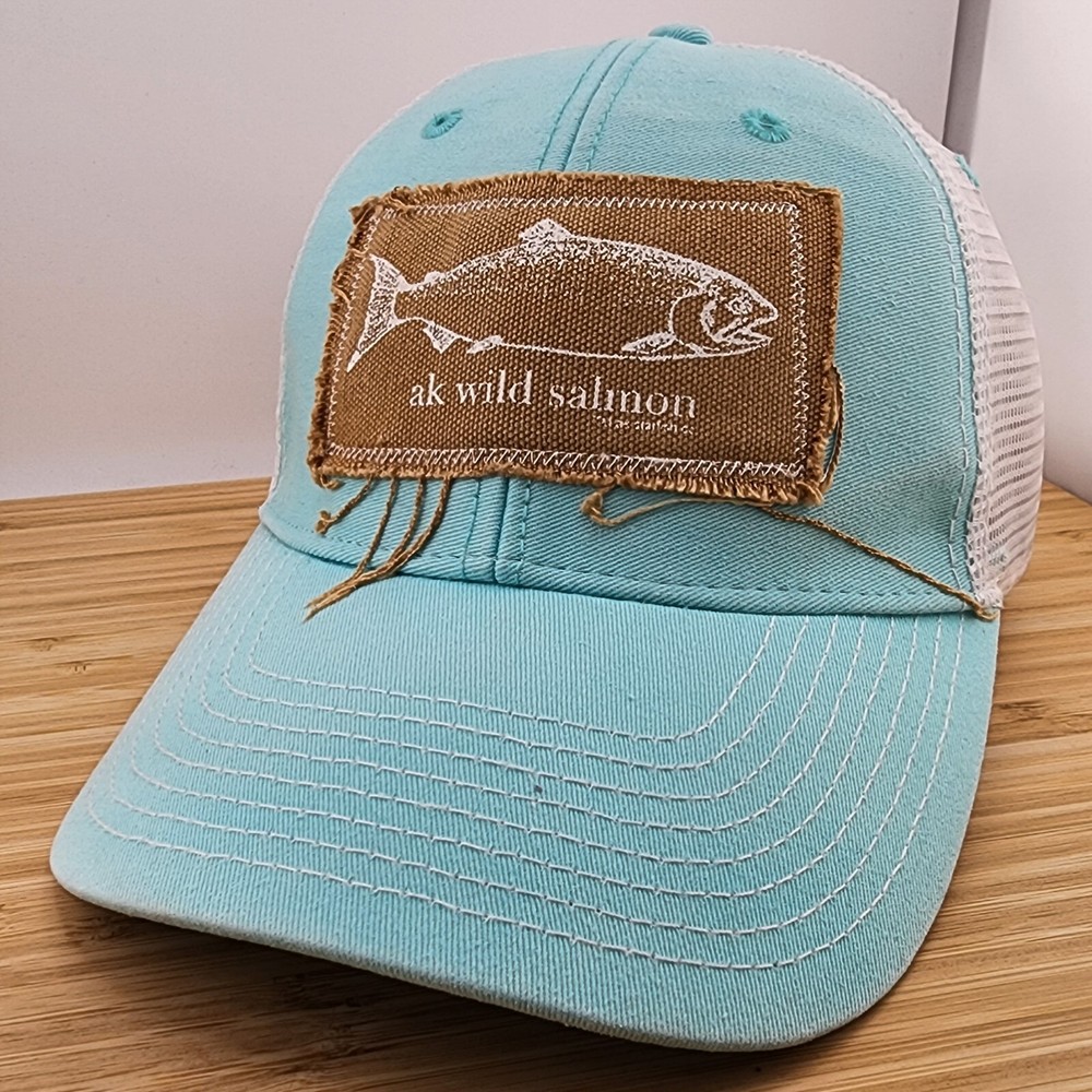 Alaska AK Wild Salmon Trucker Hat,  Aqua Cap w/Canvas Patch, OURAY, Snapback