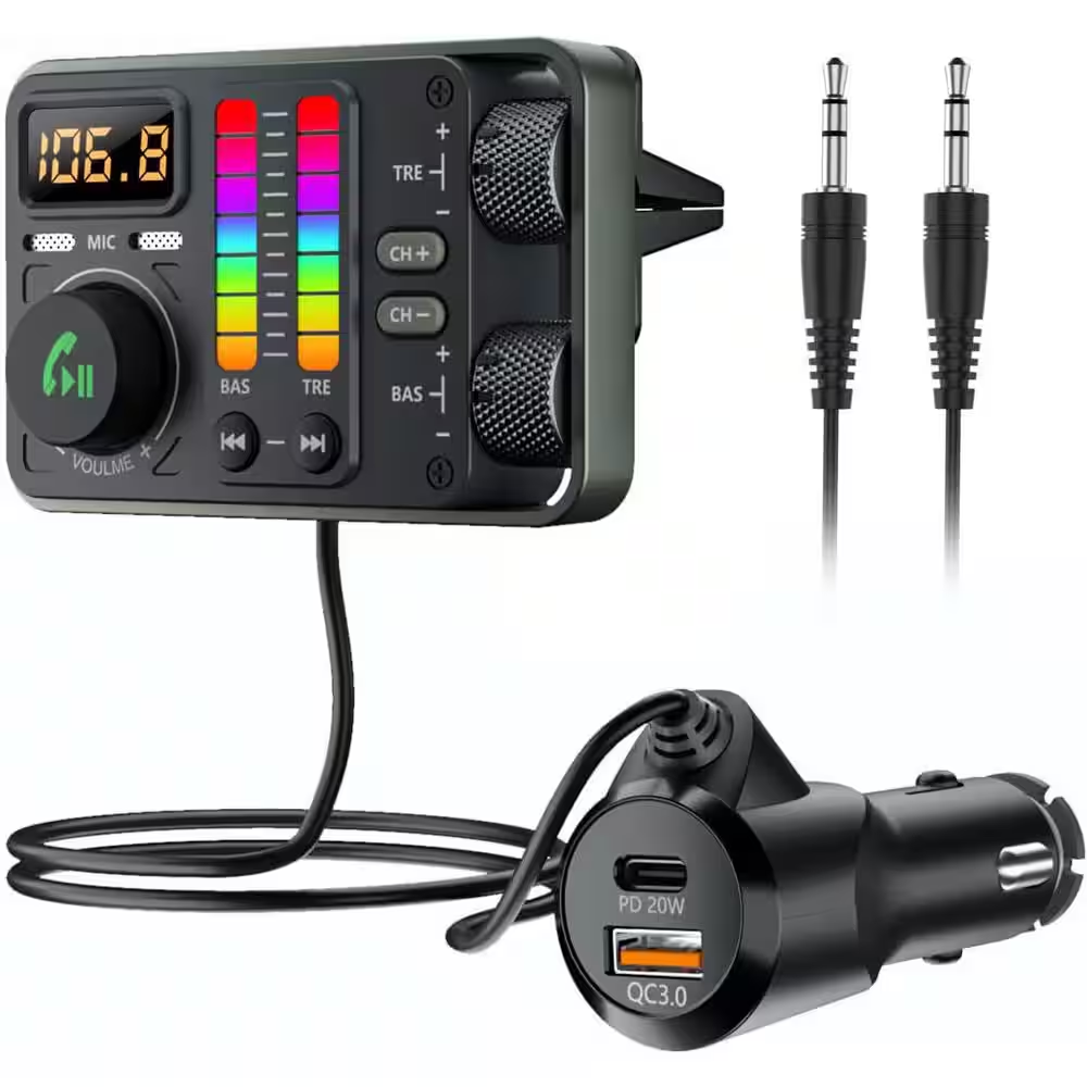 Bluetooth 5.3 Car FM Transmitter with Hi-Fi Sound PD20W QC18W Fast Charging