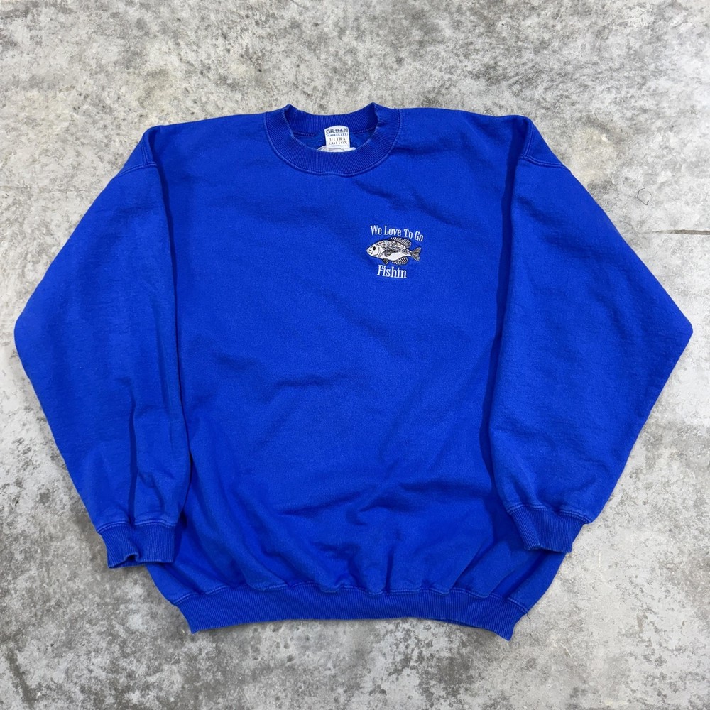 Vintage Fishing Sweatshirt mens 2XL blue crewneck Fish Bass outdoors grandpa