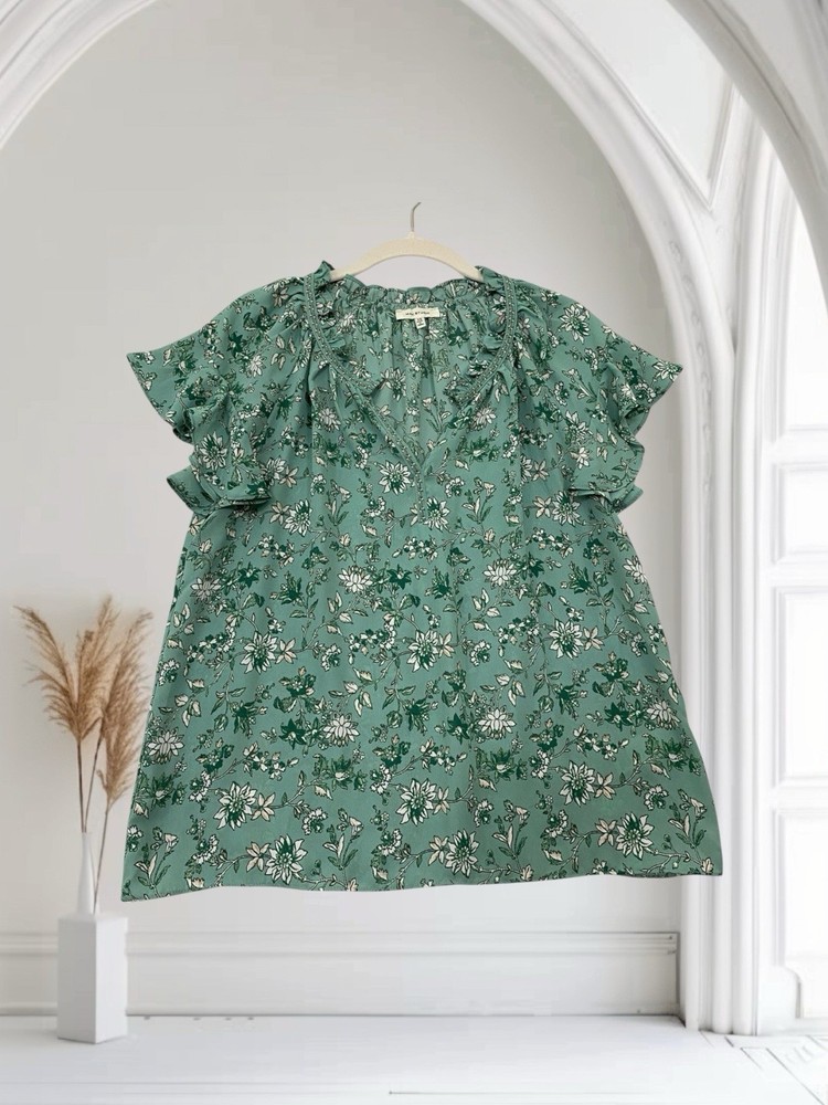 Max Studio Womens Green Floral Ruffle Flutter Sleeve Top Size XS V Neck  $98