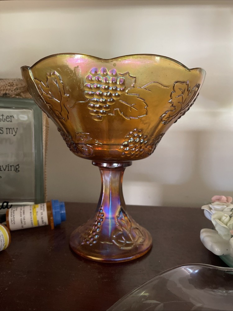 Marigold Amber Carnival Glass Pedestal Bowl Grape Harvest Indiana Glass Compote  