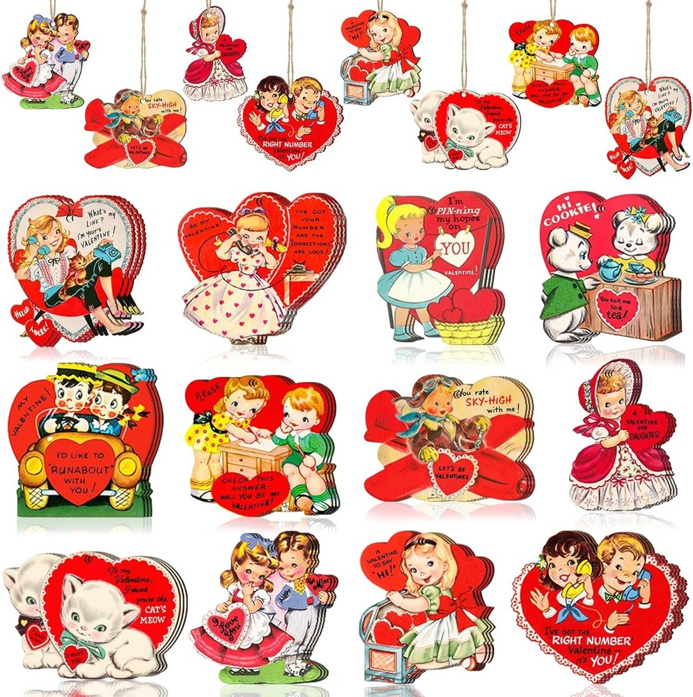 36Pcs Vintage Valentines Ornaments for Valentine's Day Tree Decorations Wooden H