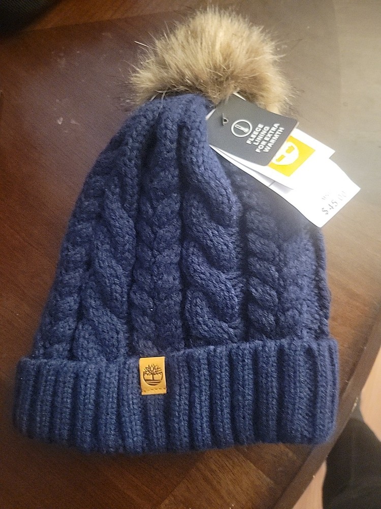 NEW Womens Timberland Cable Knit Cuff Beanie Faux Fur Pom Pom Fleece Lined Navy