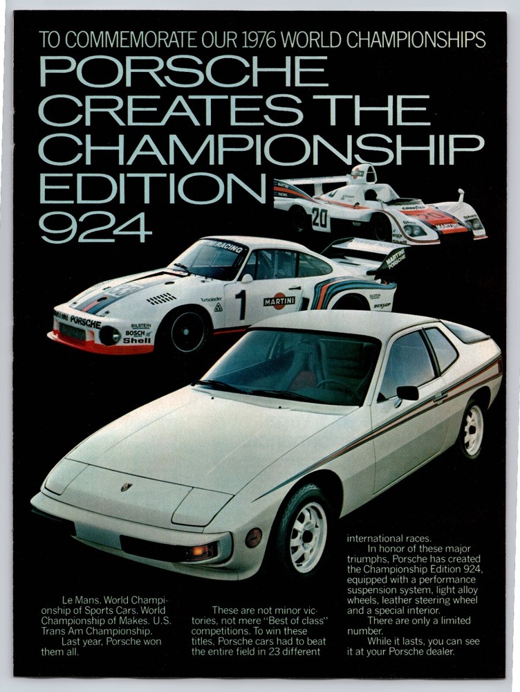 Vtg 1977 Porsche Championship Edition 924 Le Mans World Championship Print Ad
