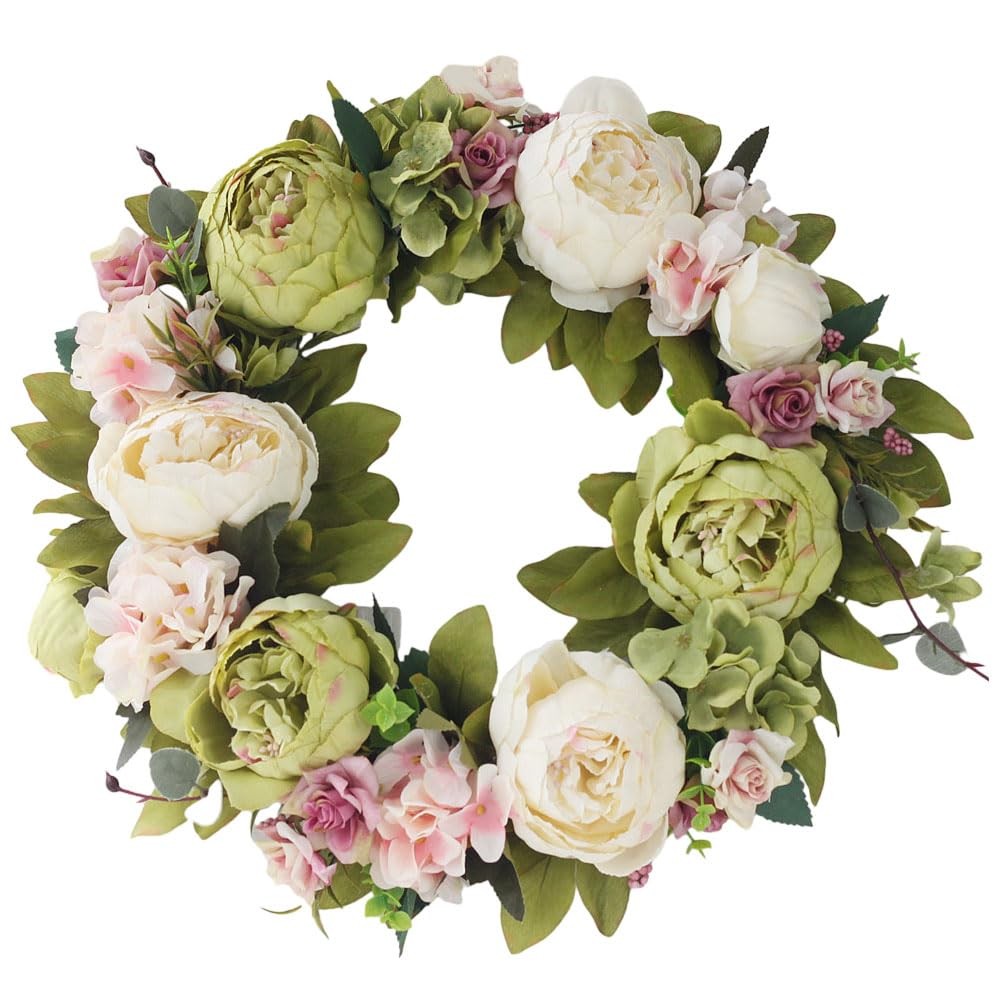 Silk Artificial Green Peony Floral Wreath 13.7 Inch for All Seasons