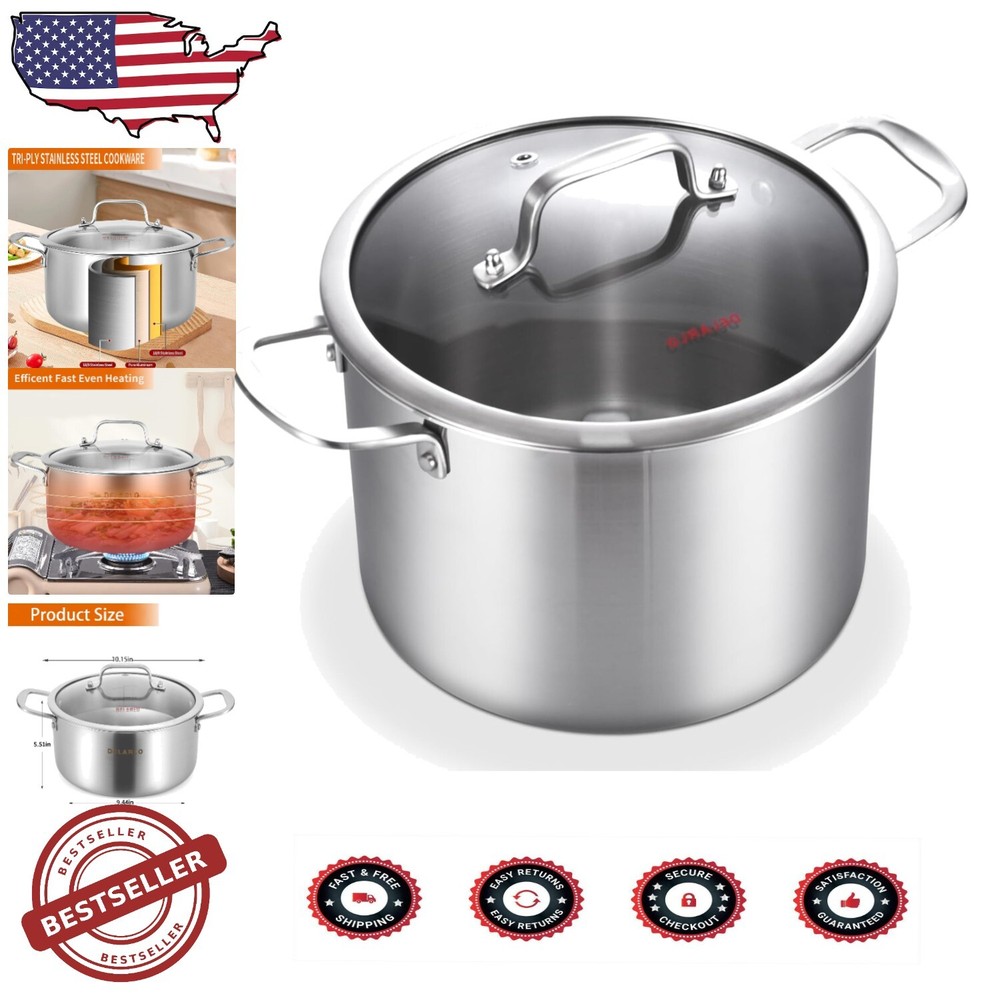 Durable Tri-Ply Stainless Steel 6 Quart Pot with Lid – Ideal for Soups & Seafood