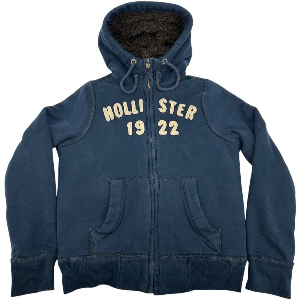 VTG Y2K Navy Blue Hollister Sherpa Lined Zip Hoodie Men Sz S
