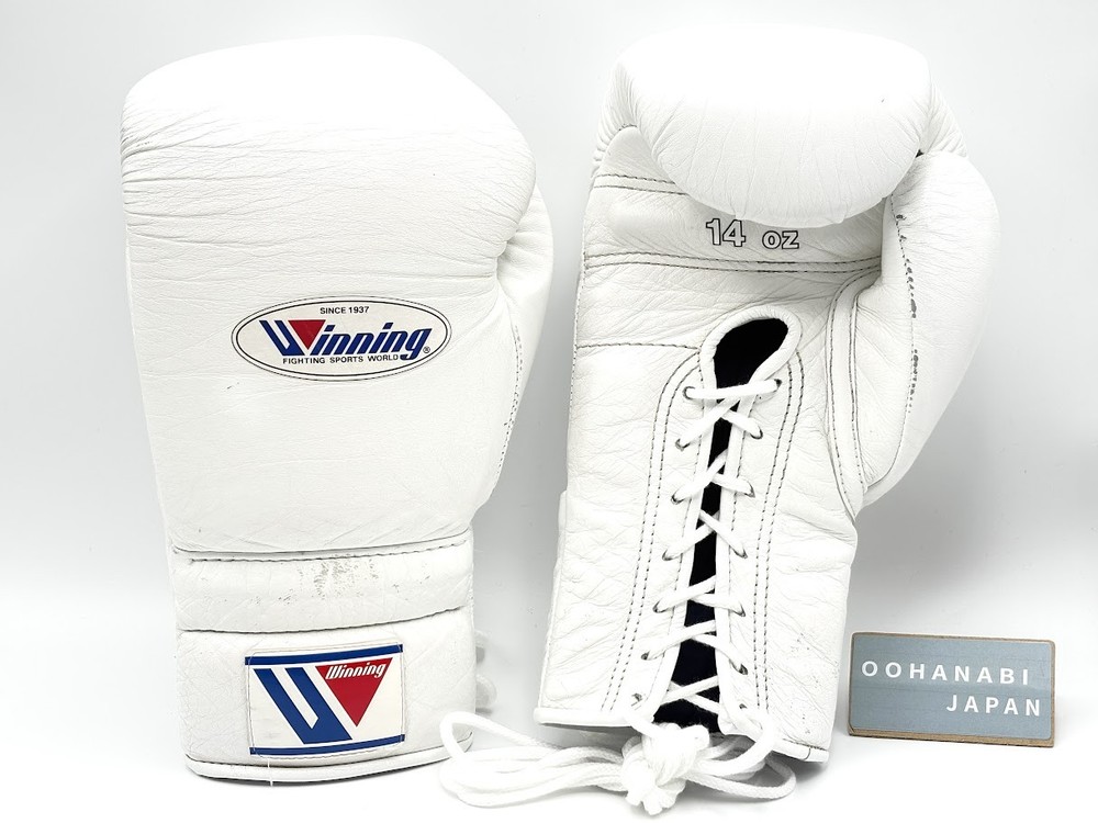 Winning Boxing Gloves 14oz MS-500 White Lace up String type Used Genuine JAPAN