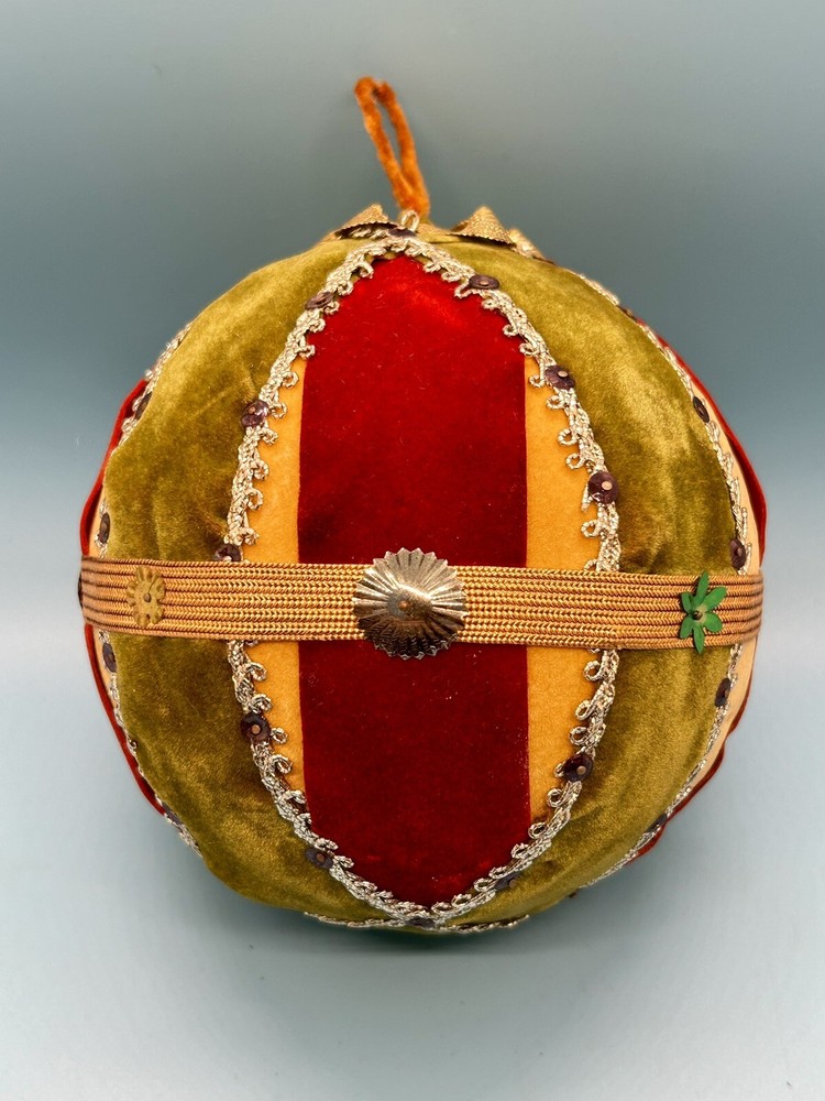 Handmade Velvet Victorian Christmas Ornament Red Yellow Green 5 Inch