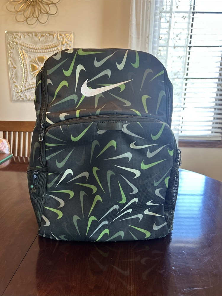 Nike Brasilia All Over Swoosh Backpack Black/ Green Pockets READ