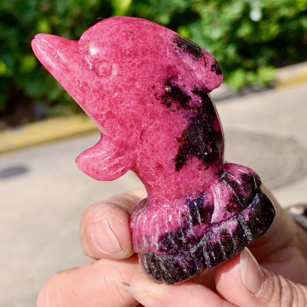 115G Natural Pink Rhodonite Quartz dolphin Carved Crystal Statue Animal Gift