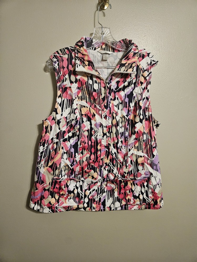 CJ Banks Womens Pink & Purple w/ Floral Design Zip-Up Vest Size 2X Pockets