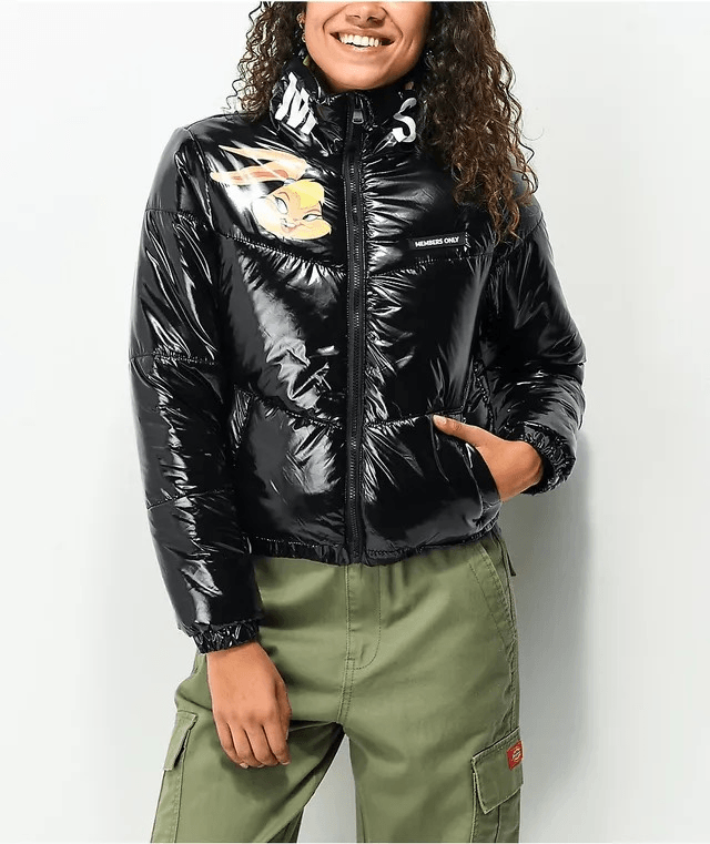 Space Jam x Members Only Black High Shine Puffer Jacket Size M-image