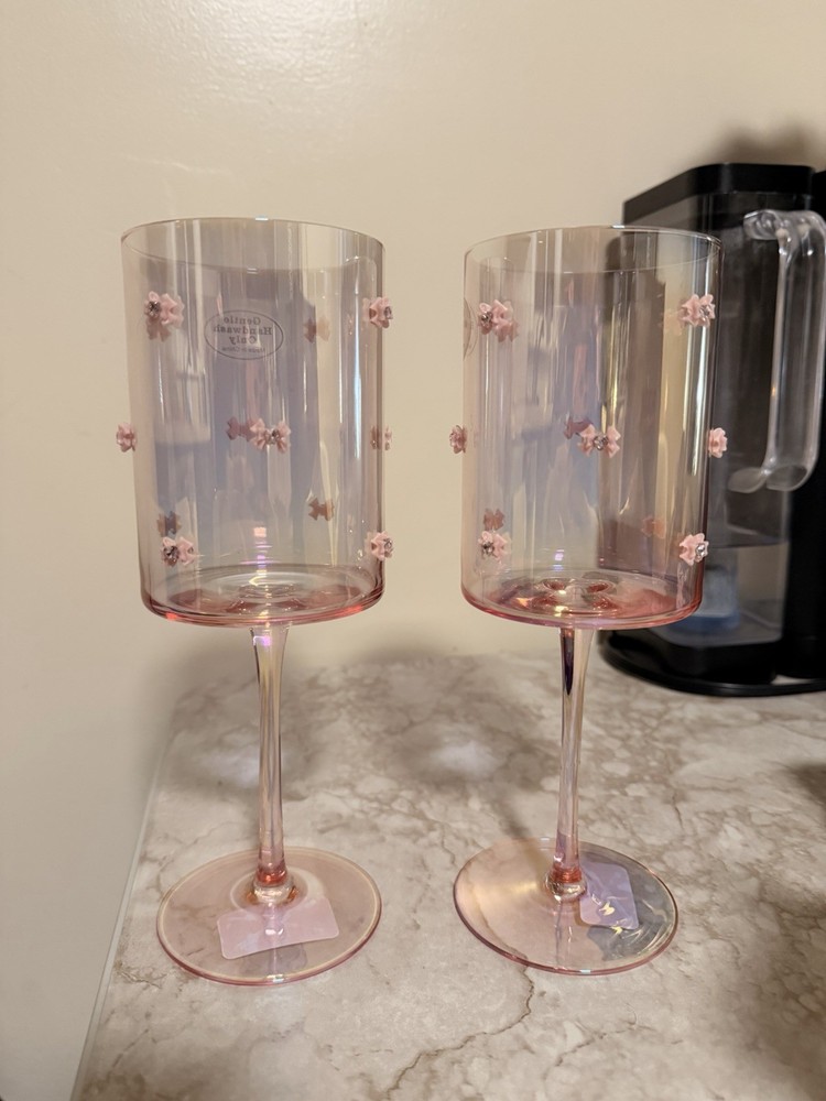 New PINK BOW w/Gem Heart WINE GLASSES Coquette Rare VIRAL SET OF 2