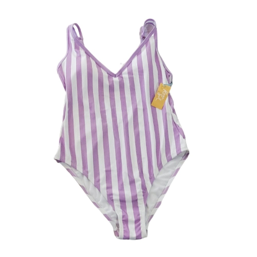 New Kona Sol Purple Striped V-Neck High Leg One Piece Swimsuit Size Large