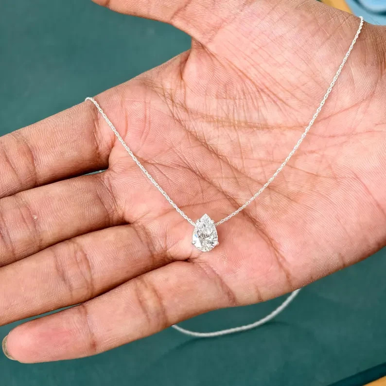 14K White Gold Plated Solitaire Pendant Necklace 1 Ct Pear Cut Simulated Diamond