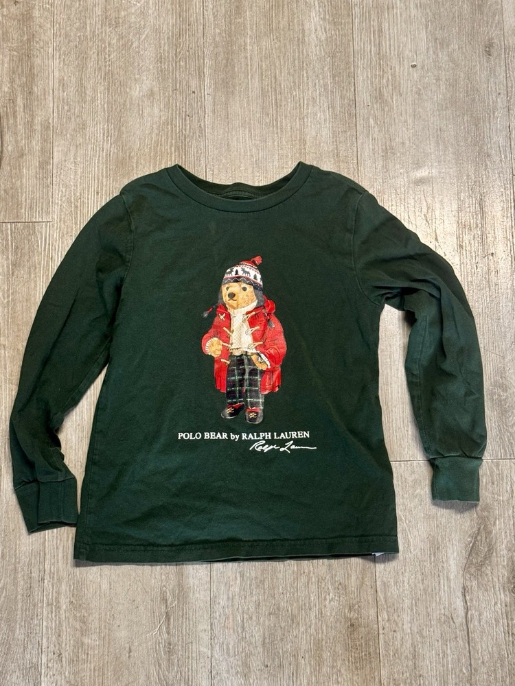 Ralph Lauren Polo Bear Long Sleeve Shirt Green Kids Size 6 Holiday Graphic Tee