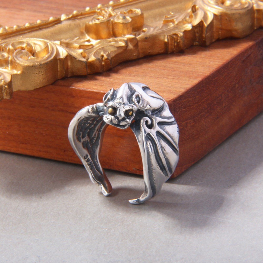 Real 925 Sterling Silver Band Men Women Lucky Gift Bat Open Ring