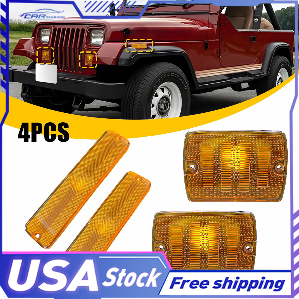 4Pcs Amber Lens Side Marker & Turn Signal Light 1987-1995 For Jeep Wrangler YJ