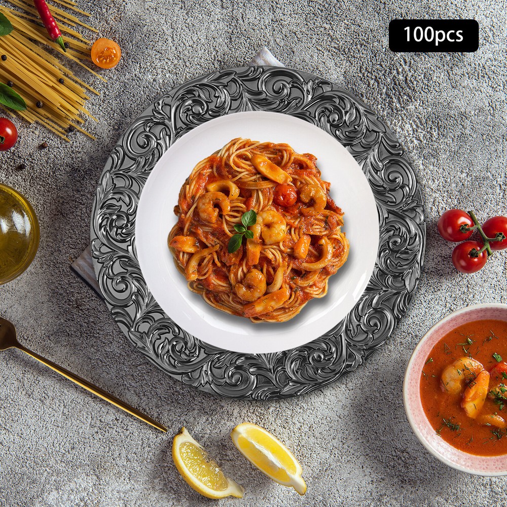 13'' Antique Charger Plates Set PP Round Reusable Serving Plates (Black,100 Pcs)