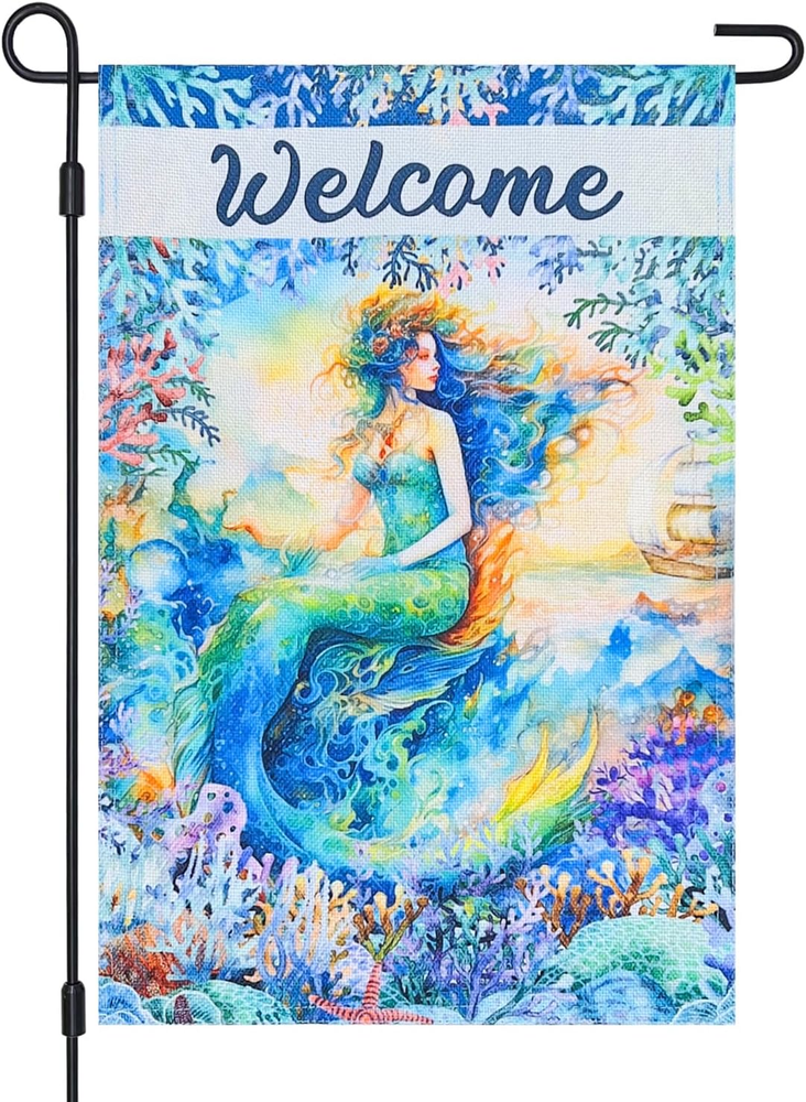 Mermaid Nautical Welcome Summer Small Garden Flag Double Sided 12×18 Inch,Coasta