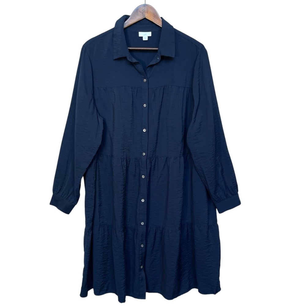 J.Jill Women Shirt Dress Size XL Blue Tiered Button-Up Long Sleeve