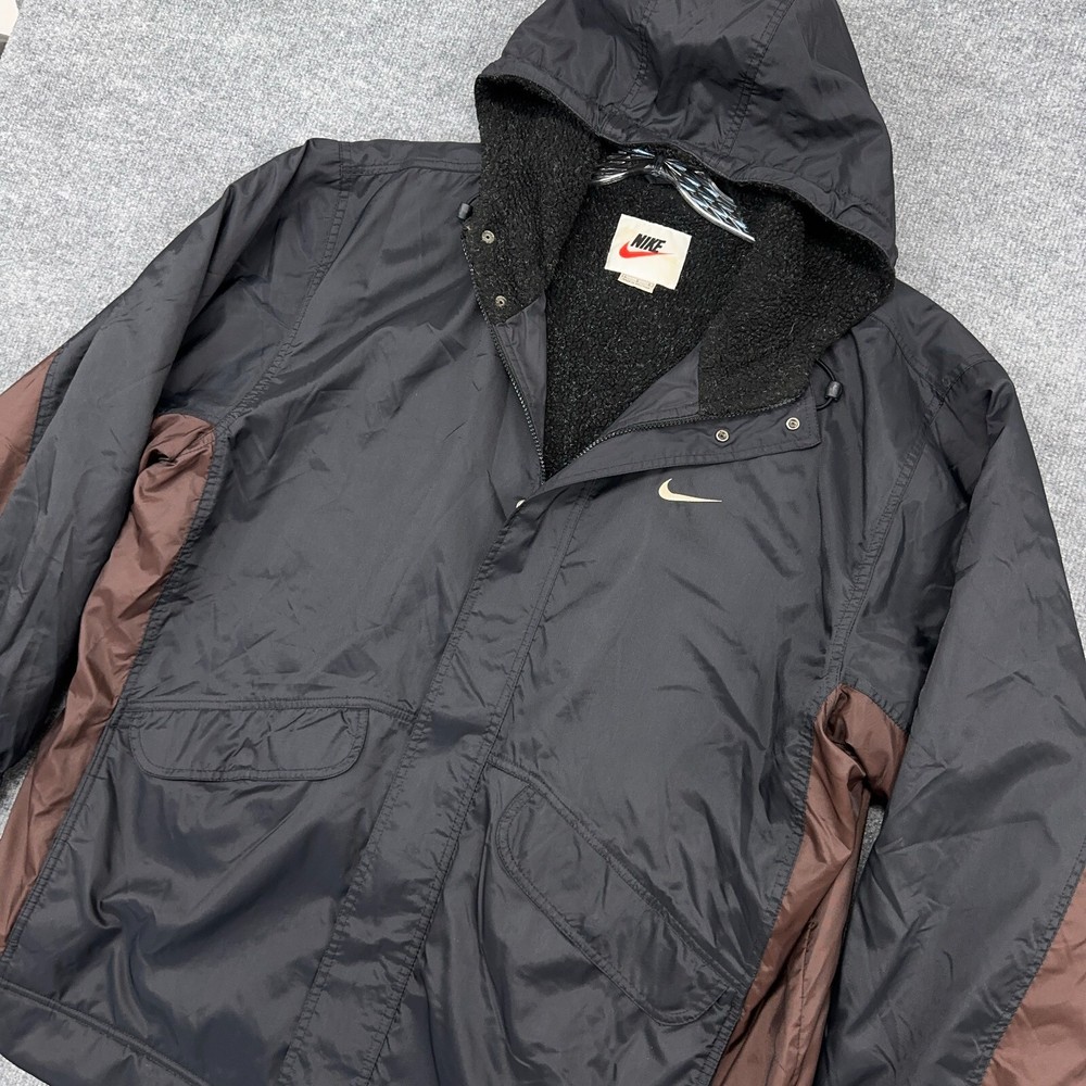 Vintage Nike Jacket Mens L Black Brown Hood Sherpa Fur Lined Coat White Tag 90s