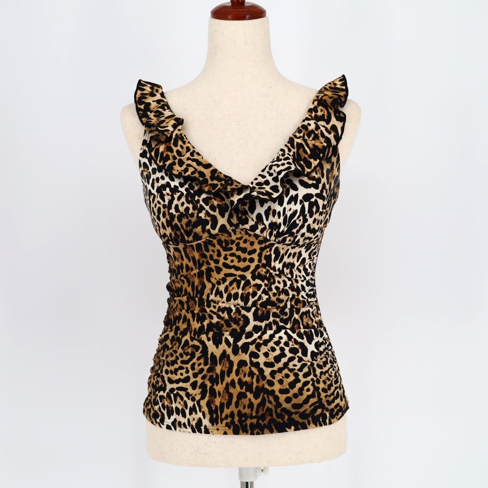 DKNY Women Animal Print Beachwear Ruffled Tummy-Control Swim Tankini Top Size S