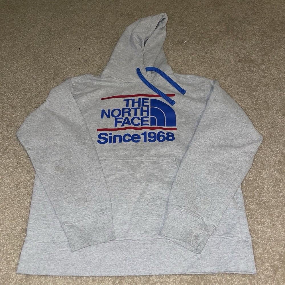 The North Face Vintage 1968 Red Blue Logo Gray Mens Hoodie Sweatshirt Size L