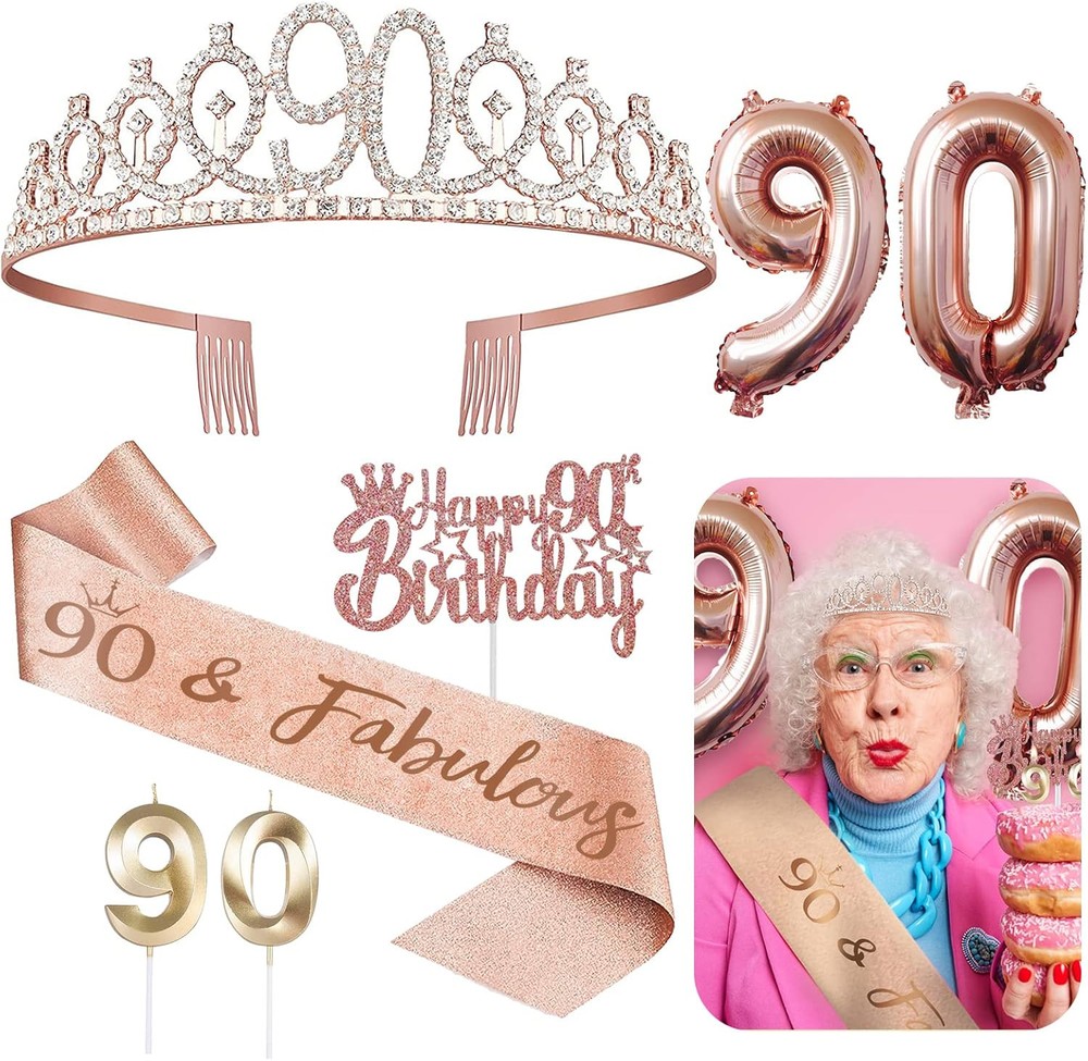 90th Birthday Decorations for Her - 5pcs Gifts Including Tiara Rose Gold