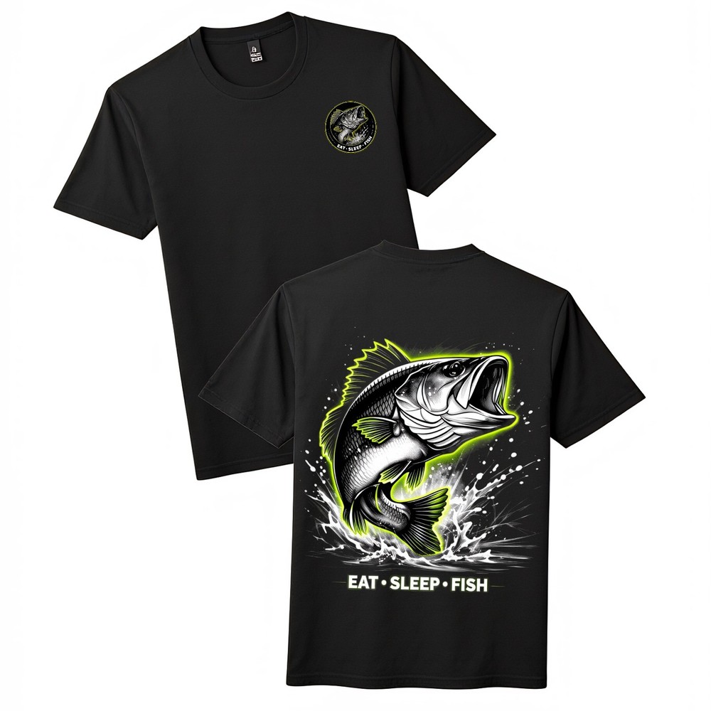 Eat Sleep Fish Retro Bass T-Shirt-Vintage Casual Double-Sided Bass Fisherman Tee