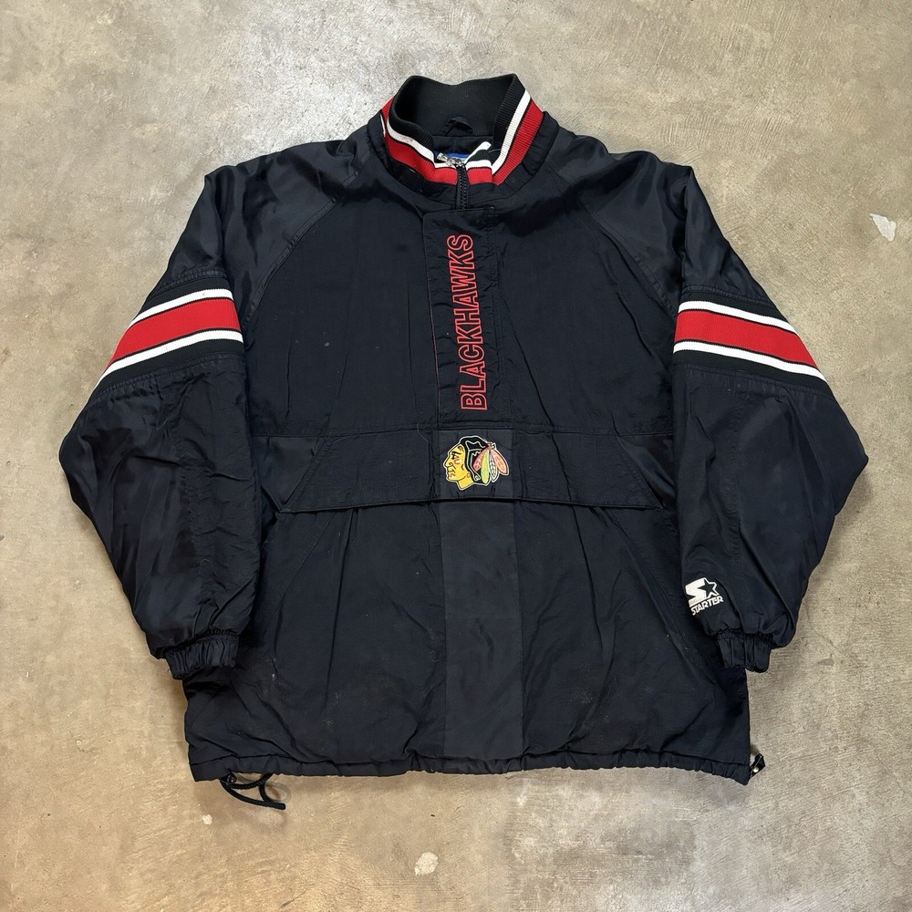 Vtg STARTER Chicago Blackhawks Half Zip Pullover Puffer Jacket 90s Large NHL