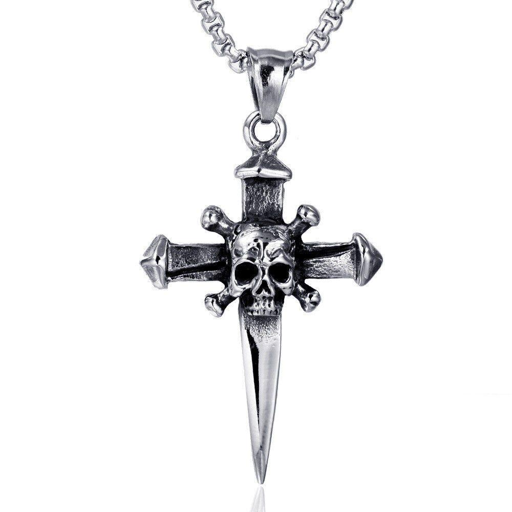 Retro Stainless Steel Gothic Biker Skull Cross Pendant Necklace Mens Jewelry