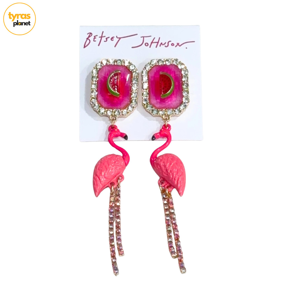 Betsey Johnson Gold Tone Watermelon & Flamingo Chandelier Earrings Crystal NWT
