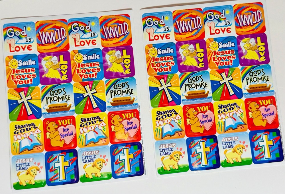 VINTAGE Religious Faith Love God Jesus Rainbow Cross Lamb STICKERS Sheet WWJD