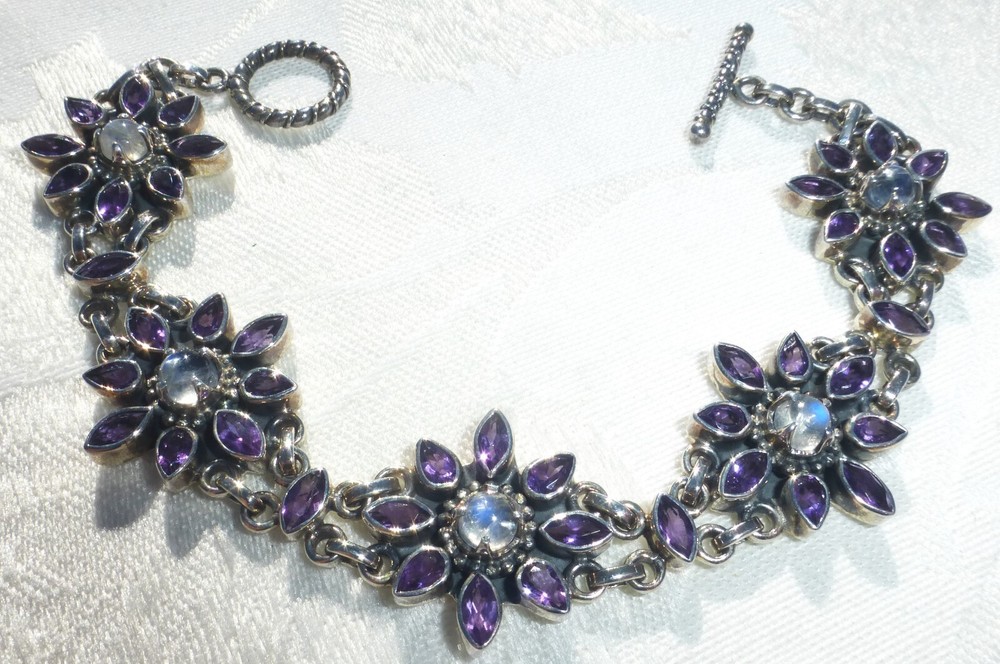 BEAUTIFUL STERLING SILVER Moonstone AMETHYST FLOWER LINK BRACELET Large