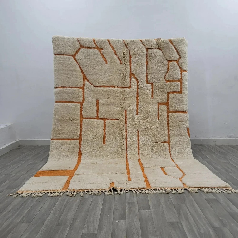 Luxury Moroccan Berber Wool Rug Color Orange & White Handmade Design Carpet Rug