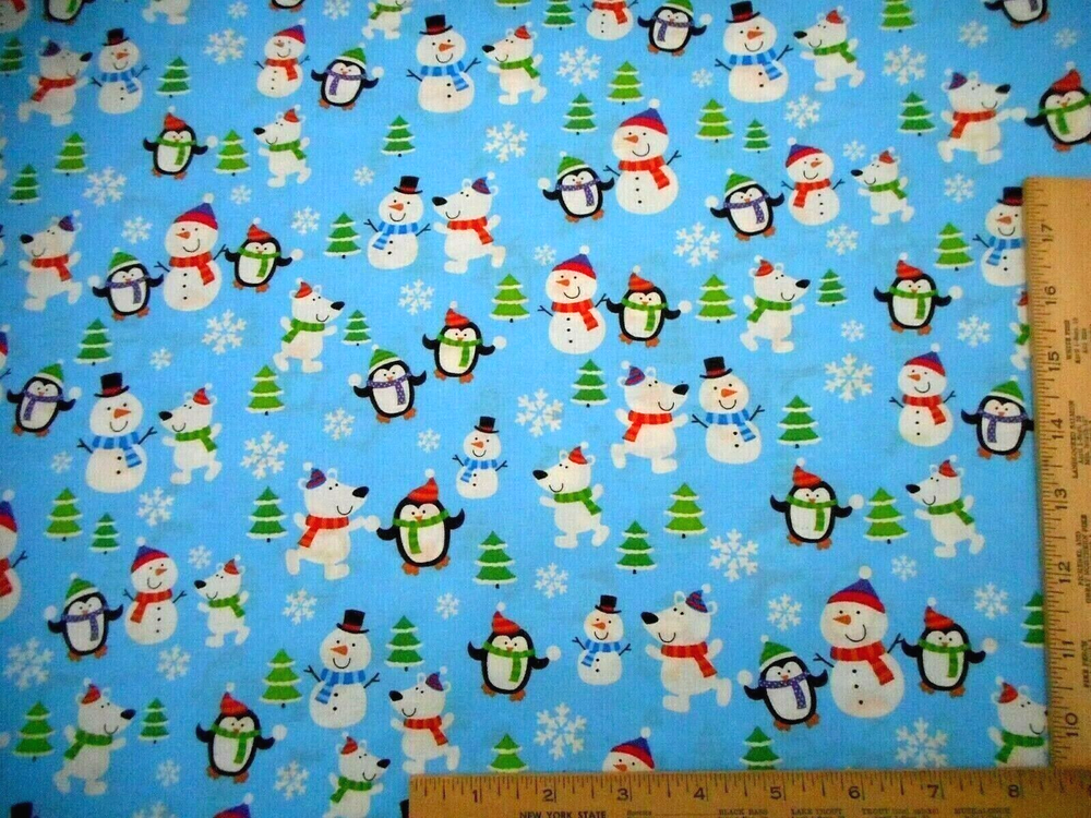 Christmas Fabric By Yard Happy Dogs Snowmen Penguins Trees on Blue Cotton #38